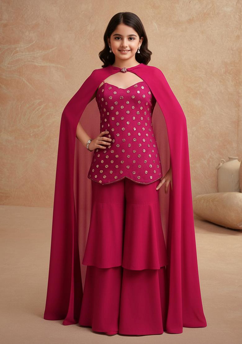 Magenta Pink Silk Embellished Sharara Set For Girls