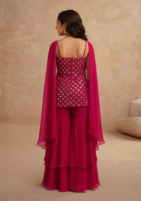 Magenta Pink Silk Embellished Sharara Set For Girls