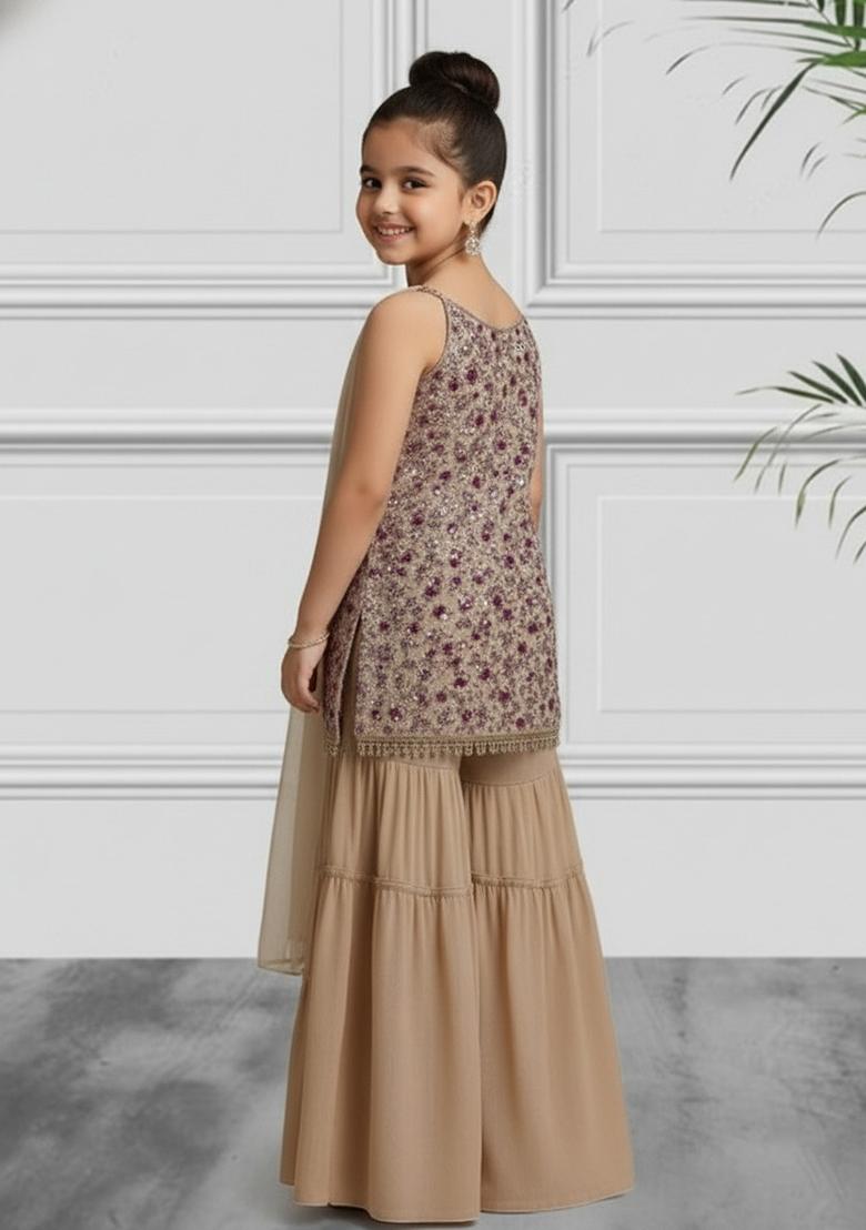 Beige Net Sequin Sharara Set For Girls
