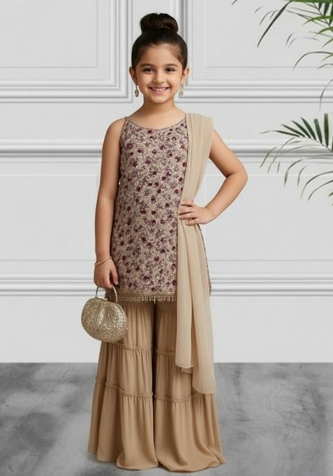 Beige Net Sequin Sharara Set For Girls