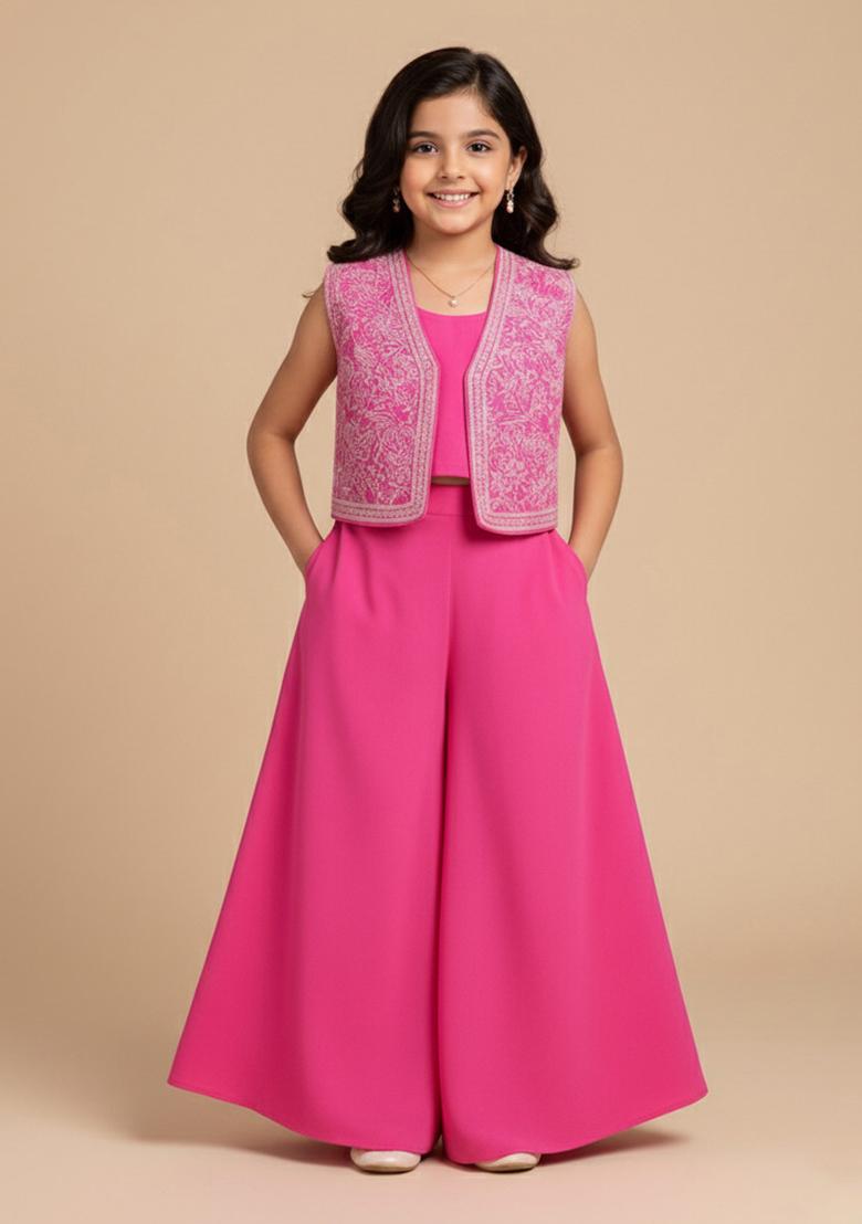 Pink Georgette Embroidered Sharara Set For Girls
