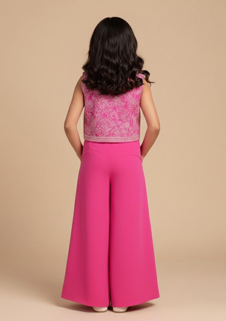 Pink Georgette Embroidered Sharara Set For Girls - Indya