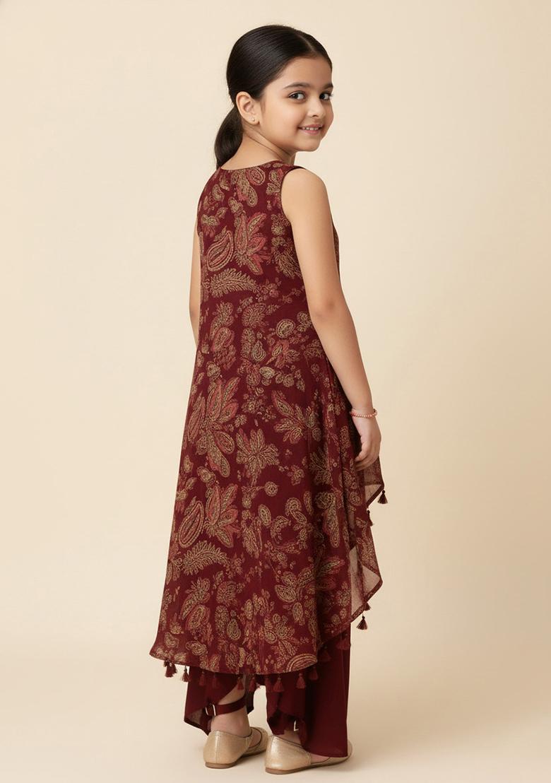 Maroon Crepe Embroidered Fusion Set For Girls - Indya