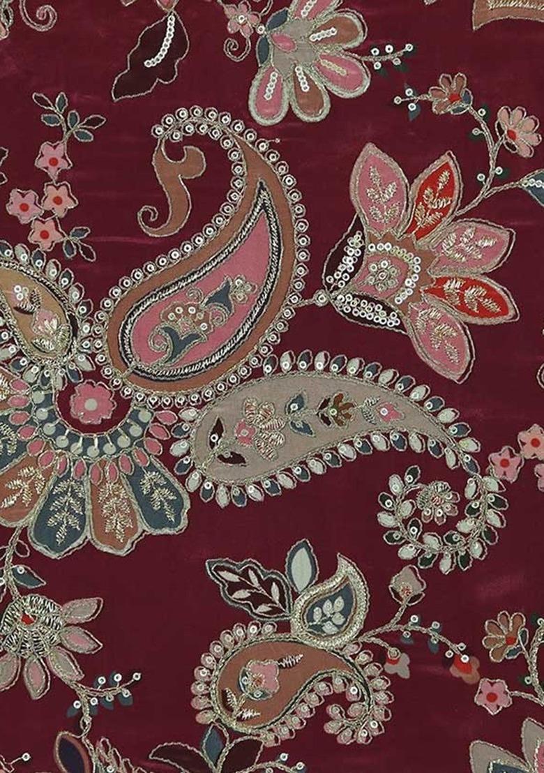 Maroon Crepe Embroidered Fusion Set For Girls - Indya