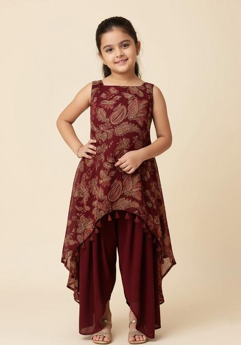 Maroon Crepe Embroidered Fusion Set For Girls
