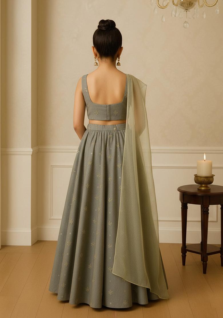 Olive Chinon Embellished Lehenga Set For Girls - Indya