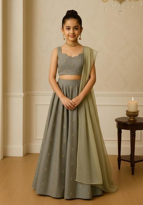 Olive Chinon Embellished Lehenga Set For Girls