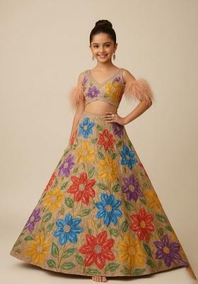 Beige Crepe Embroidered Lehenga Set For Girls