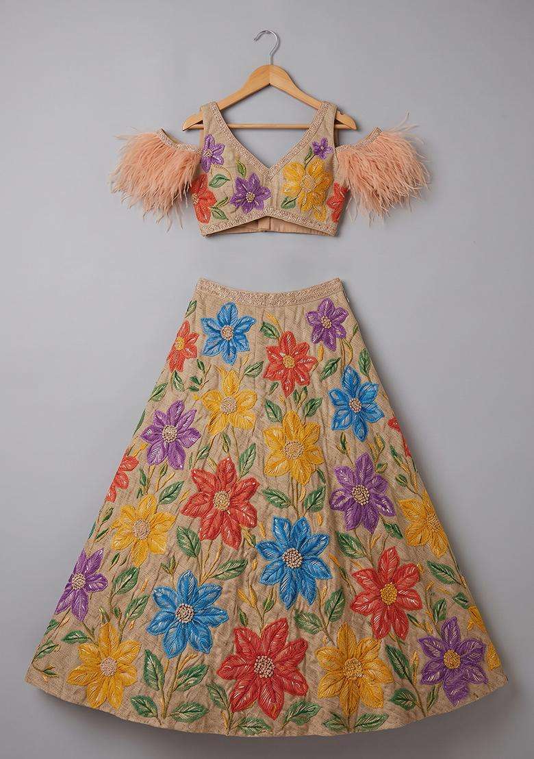 Beige Crepe Embroidered Lehenga Set For Girls - Indya