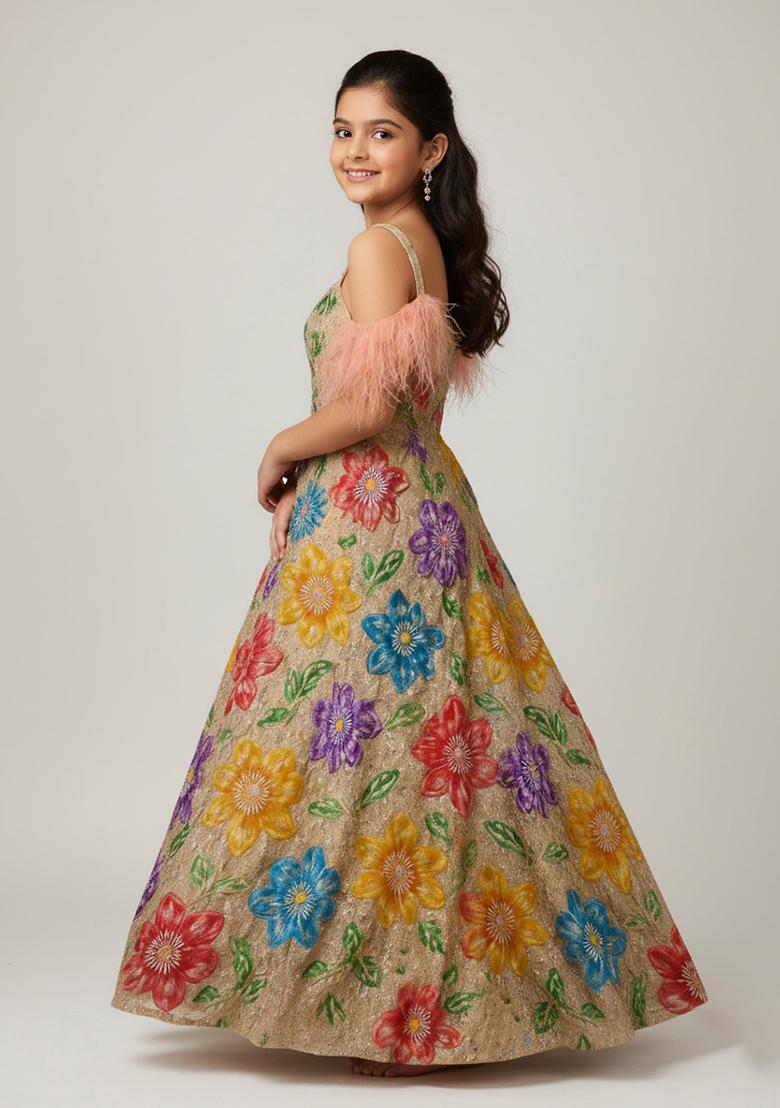 Beige Crepe Embroidered Lehenga Set For Girls - Indya