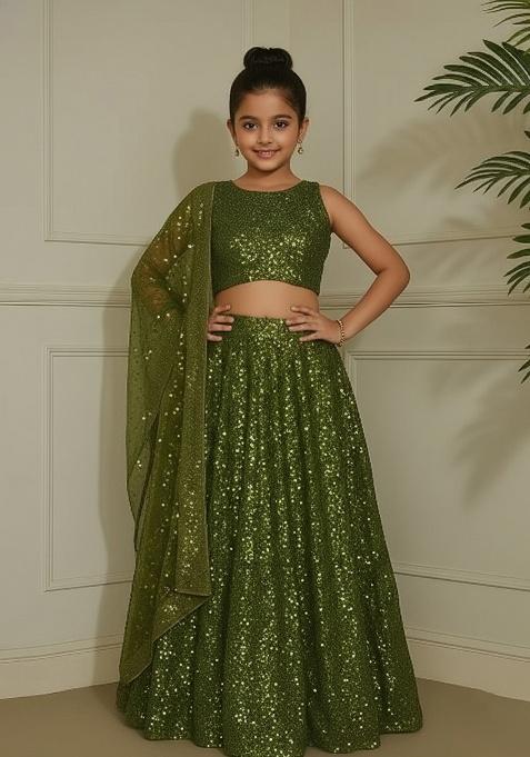 Mehendi Georgette Embroidered Lehenga Set For Girls