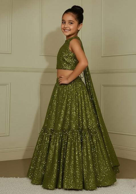 Mehendi Georgette Embroidered Lehenga Set For Girls