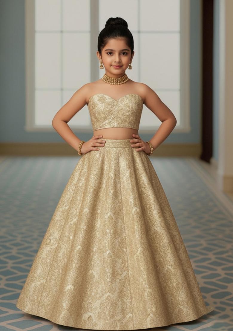 Beige Brocade Lehenga Set For Girls