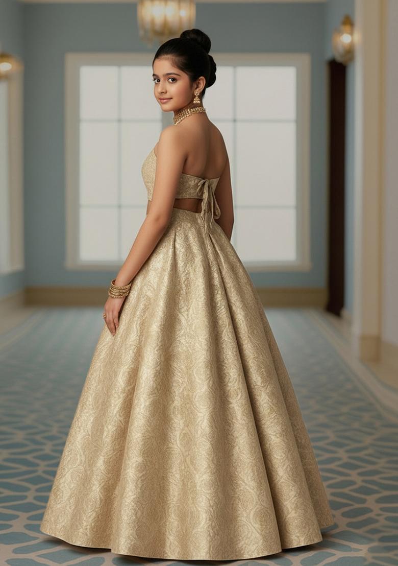 Beige Brocade Lehenga Set For Girls