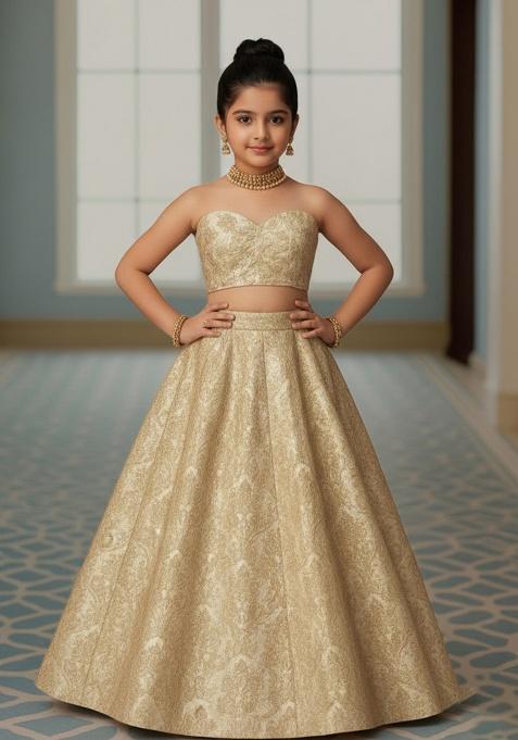 Beige Brocade Lehenga Set For Girls