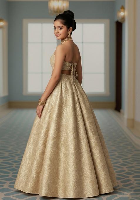 Beige Brocade Lehenga Set For Girls