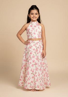 Peach Silk Floral Print Lehenga Set For Girls