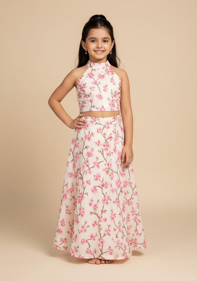 Peach Silk Floral Print Lehenga Set For Girls