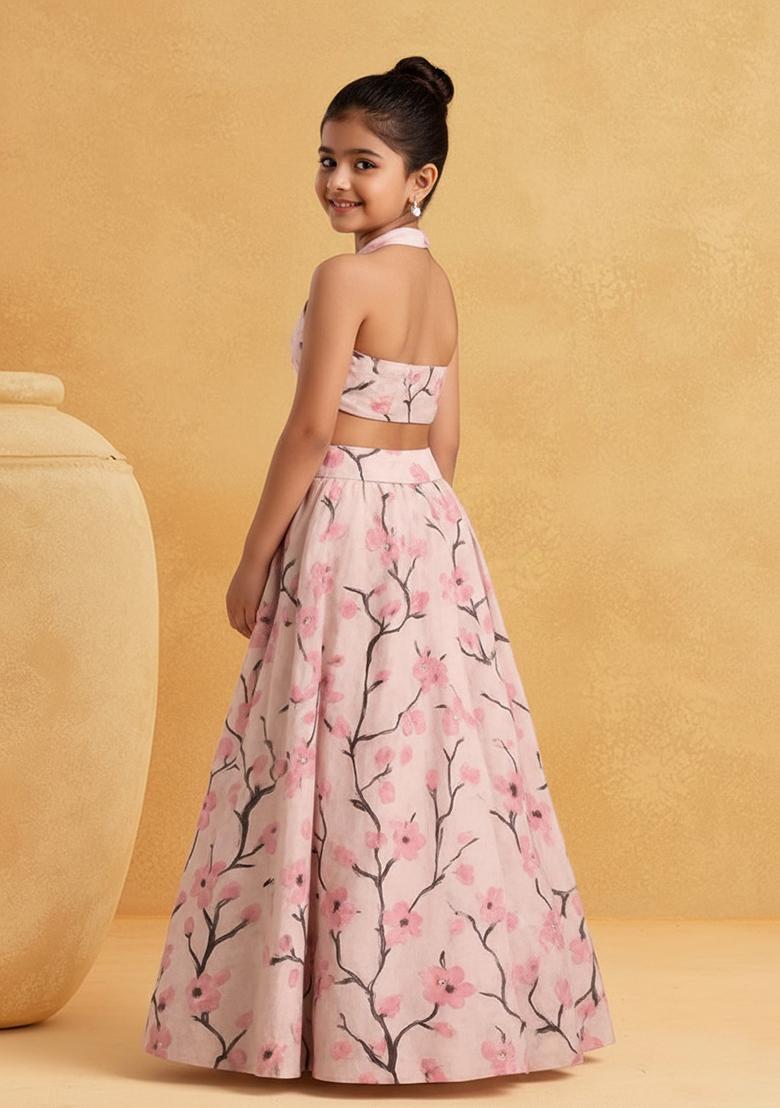 Peach Silk Floral Print Lehenga Set For Girls