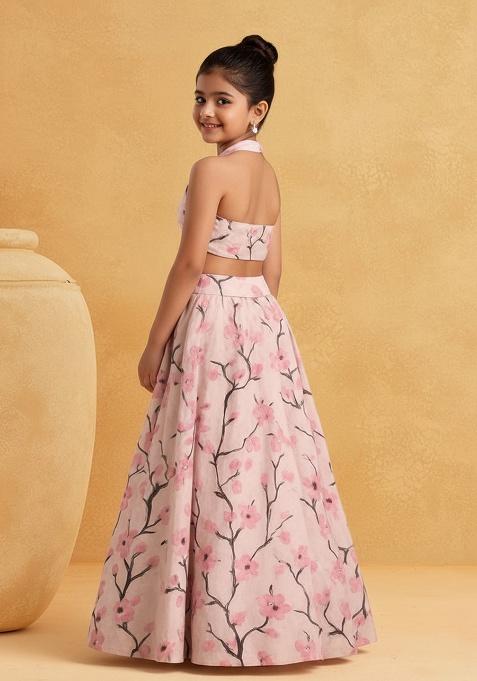 Peach Silk Floral Print Lehenga Set For Girls
