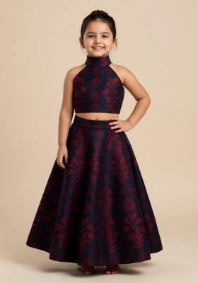 Maroon Silk Floral Print Lehenga Set For Girls