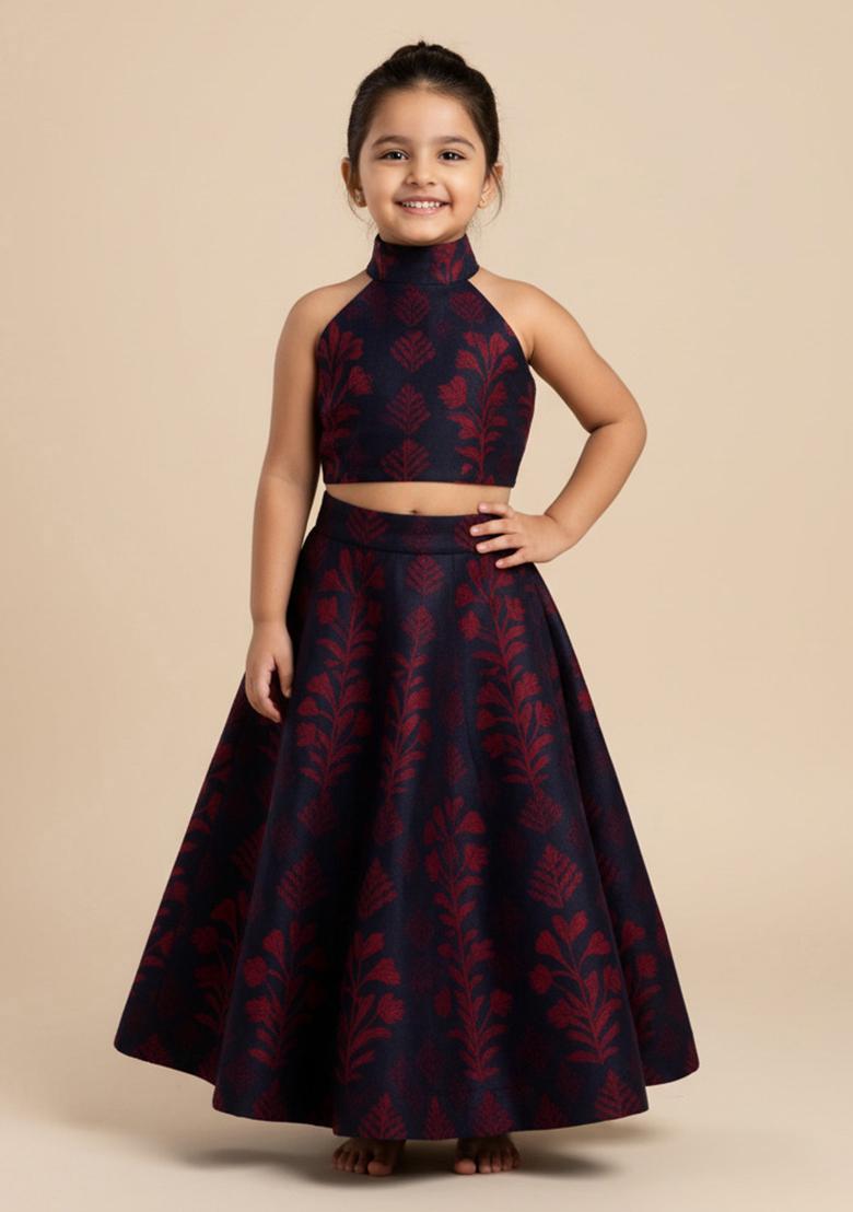 Maroon Silk Floral Print Lehenga Set For Girls