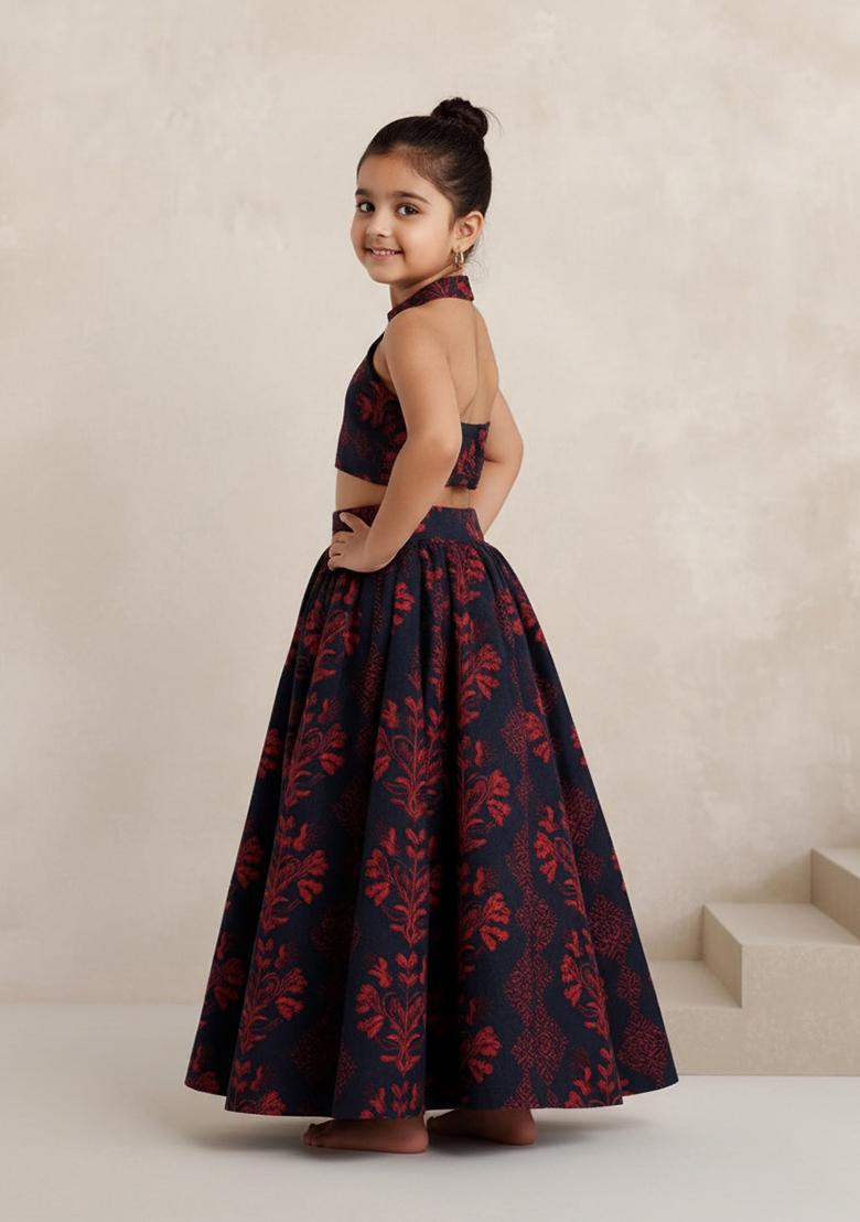 Maroon Silk Floral Print Lehenga Set For Girls