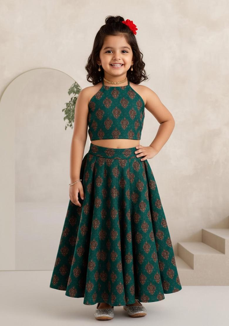 Blue Silk Figure Print Lehenga Set For Girls