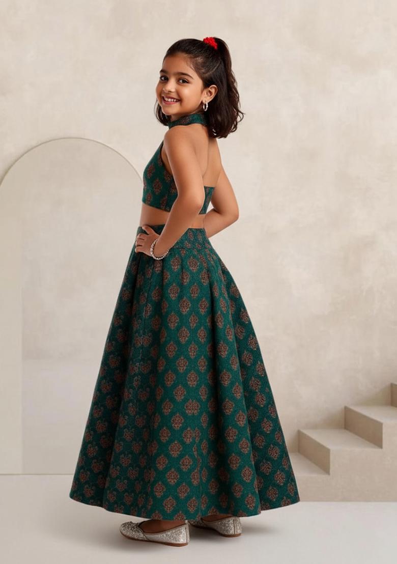 Blue Silk Figure Print Lehenga Set For Girls