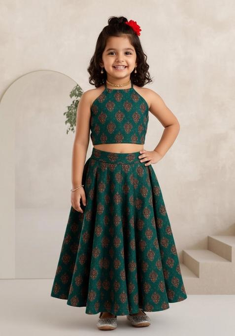 Blue Silk Figure Print Lehenga Set For Girls