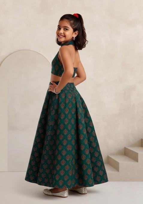 Blue Silk Figure Print Lehenga Set For Girls