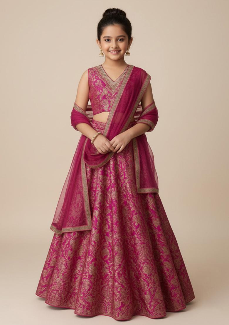 Purple Brocade Lehenga Set For Girls