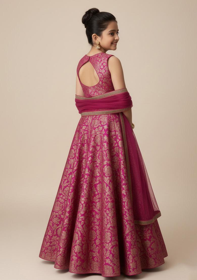 Purple Brocade Lehenga Set For Girls