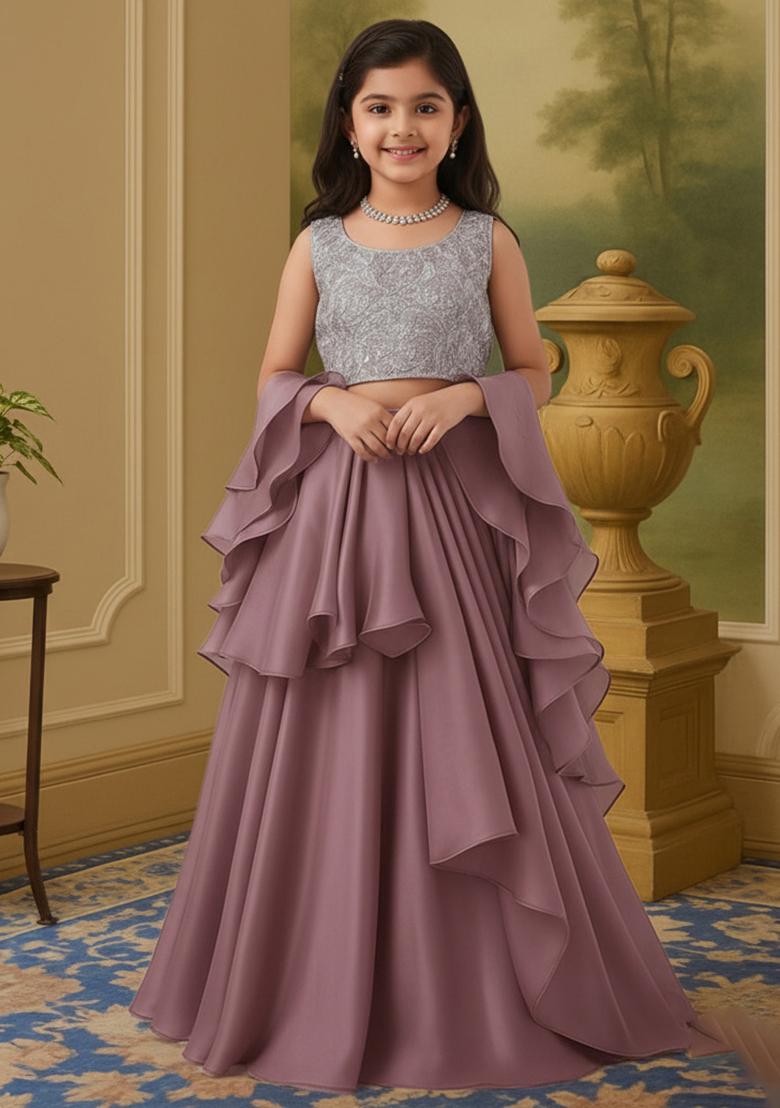 Grey Chinon Sequin Lehenga Set For Girls