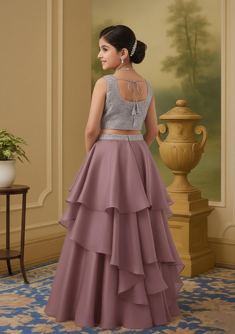 Grey Chinon Sequin Lehenga Set For Girls - Indya