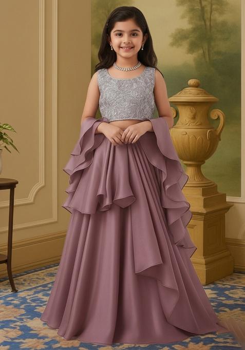 Grey Chinon Sequin Lehenga Set For Girls