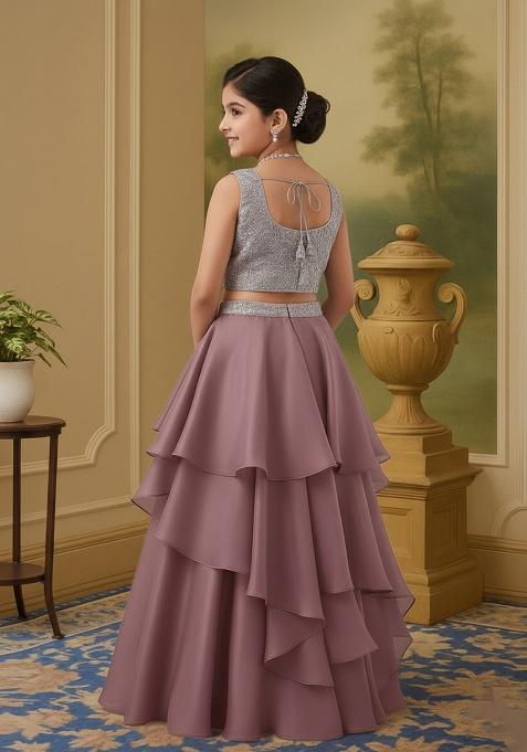 Grey Chinon Sequin Lehenga Set For Girls