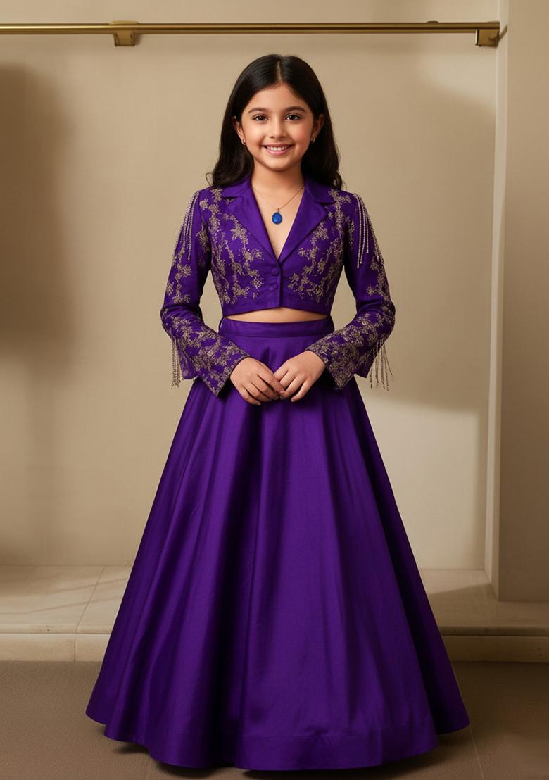 Deep Purple Chinon Embellished Lehenga Set For Girls
