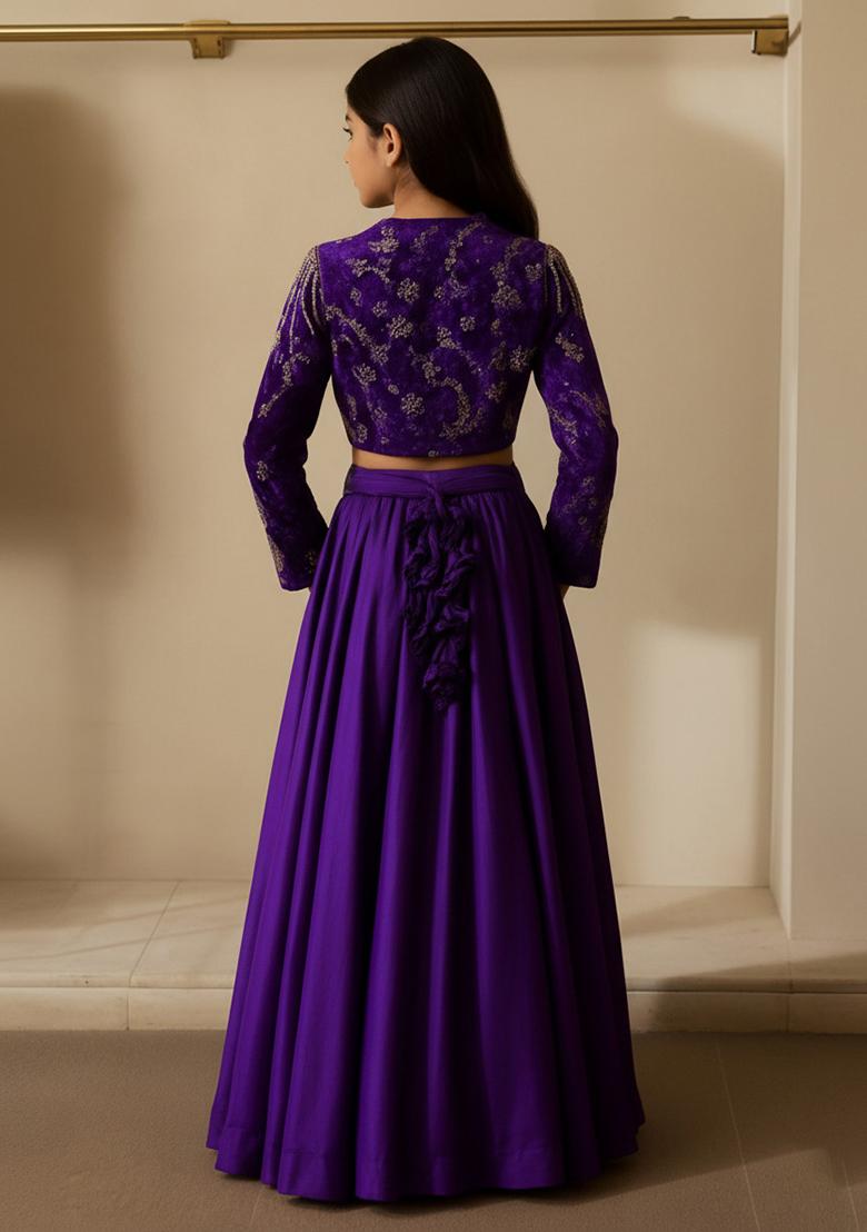 Deep Purple Chinon Embellished Lehenga Set For Girls - Indya