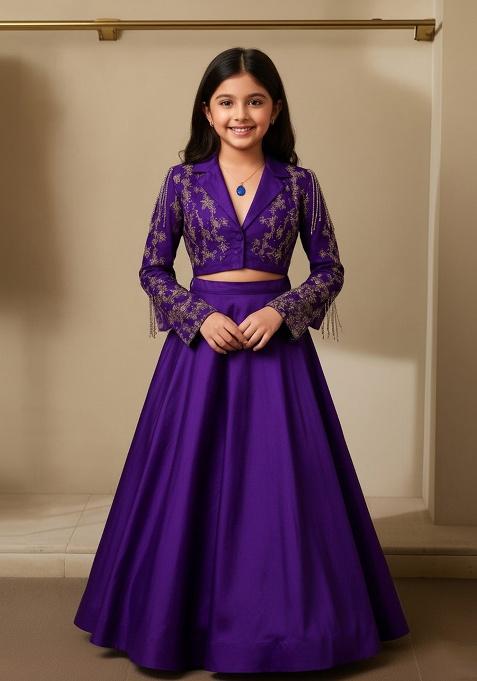 Deep Purple Chinon Embellished Lehenga Set For Girls