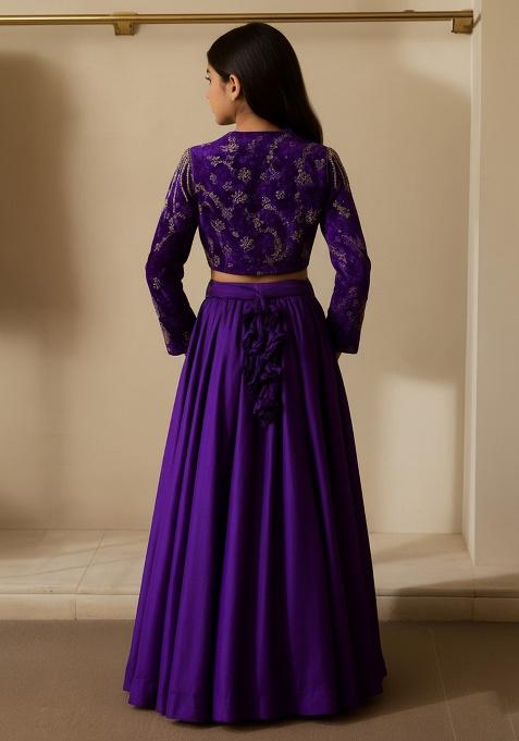 Deep Purple Chinon Embellished Lehenga Set For Girls