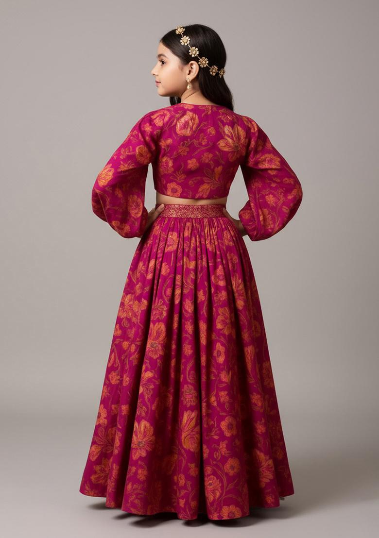 Hot Pink Satin Floral Print Fusion Set For Girls - Indya