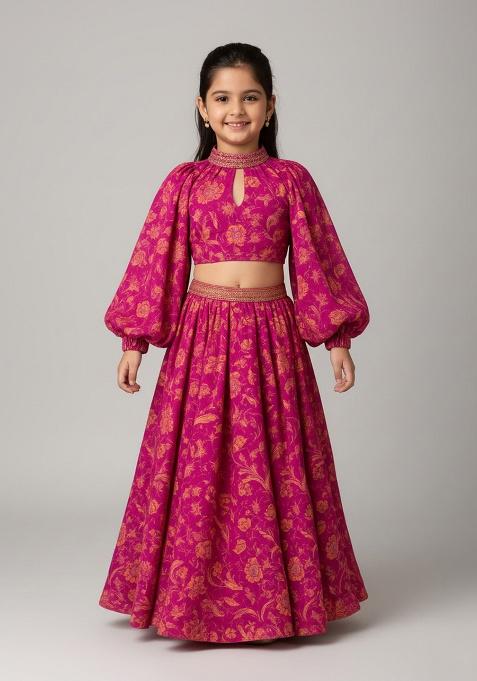 Hot Pink Satin Floral Print Fusion Set For Girls
