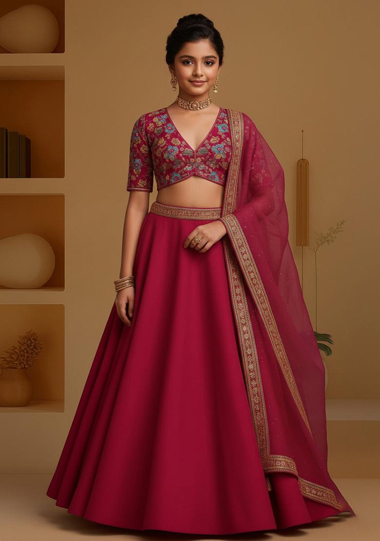 Red Crepe Embroidered Lehenga Set For Girls