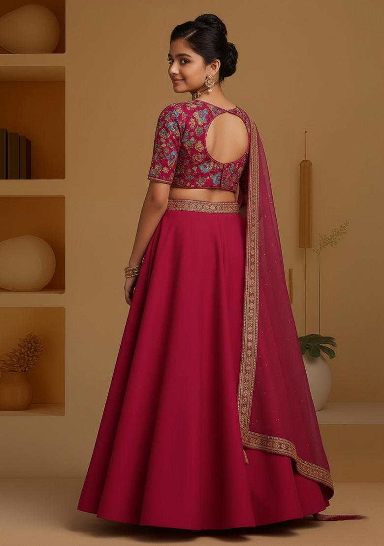 Red Crepe Embroidered Lehenga Set For Girls