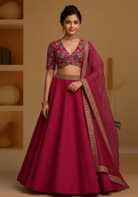 Red Crepe Embroidered Lehenga Set For Girls