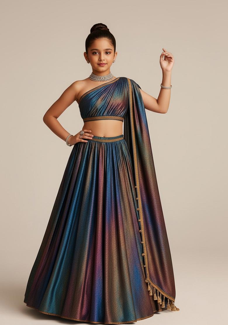 Multi Color Satin Embroidered Lehenga Set For Girls