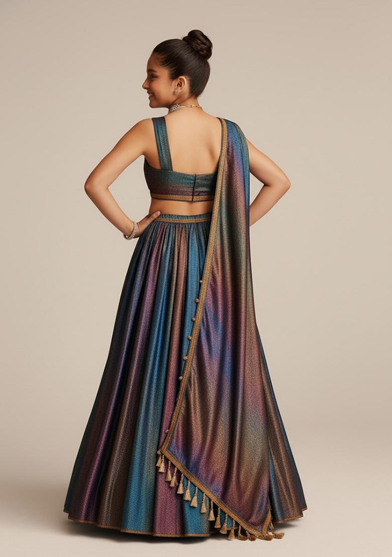 Multi Color Satin Embroidered Lehenga Set For Girls