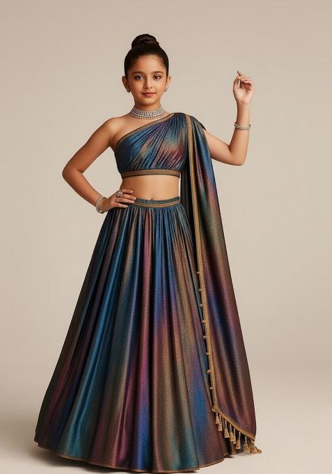 Multi Color Satin Embroidered Lehenga Set For Girls