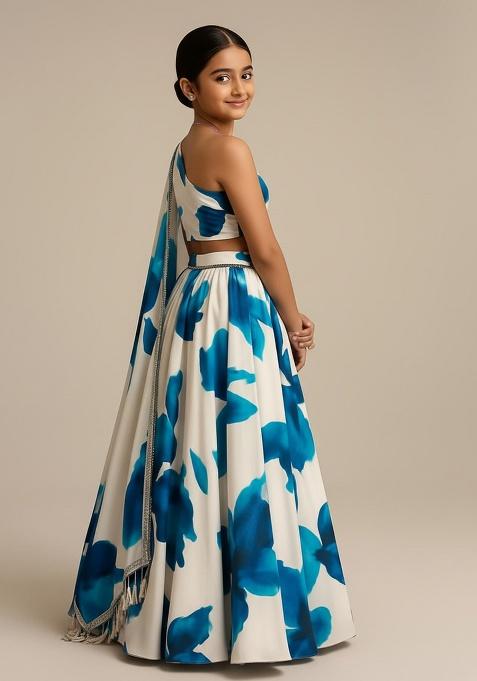 White Georgette Embroidered Lehenga Set For Girls